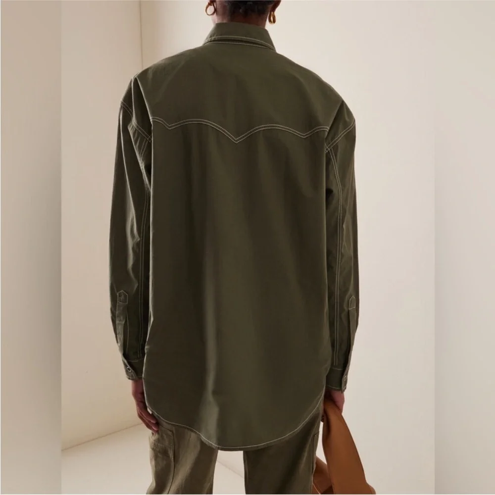 TWP Dutton Oversized Stretch Cotton Poplin Western Shirt  Olive - Picture 3 of 12